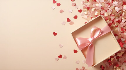 Background with gift and hearts with free space for text on pastel background. Valentines day concept. Mother's Day concept. - obrazy, fototapety, plakaty