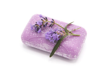 Lavender soap with flowers isolated on a white background. Organic body care products.
