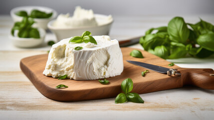 A round piece of fresh white cheese on a wooden board, accompanied by green basil leaves.