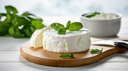 A round piece of fresh white cheese on a wooden board, accompanied by green basil leaves.