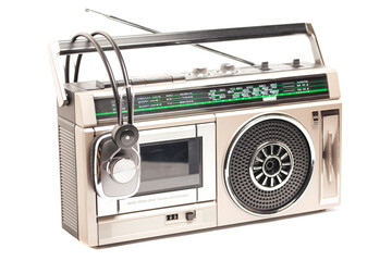 Retro ghetto radio boom box cassette recorder from 80s with headphones
