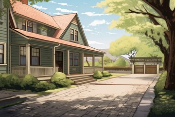 dutch colonial house driveway view, magazine style illustration