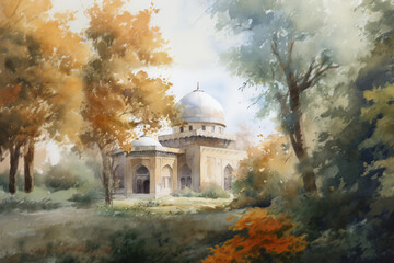 Fototapeta premium Uzbekistan, Samarkand in autumn, watercolor illustration. AI generative