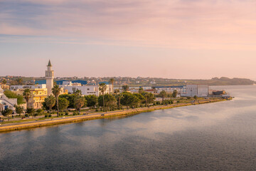 The scenic panorama of Bizerte, the city in Tunisia, with the Mediterranean sea, mosque minaret,...