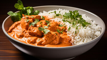 A bowl of chicken tikka masala with creamy tomato sauce, tender chicken, and basmati rice