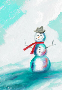 Cheerful Snowman with Stick Arms, Hat & Orangish-Red Scarf with Cloud Behind Digital Painting or Design, Art, Artwork, Illustration