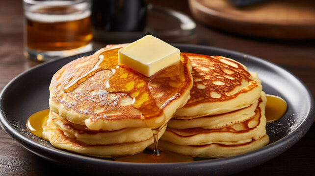 A plate of pancakes with fluffy golden pancakes, maple syrup, and butter