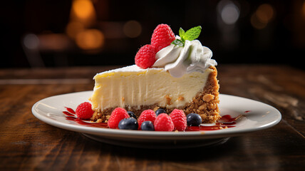 cheesecake with a creamy filling and a graham cracker crust, with a side of berries and whipped cream.