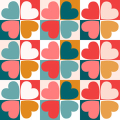 Seamless pattern with abstract hearts on the background of a geometric grid with squares. Vector graphics.
