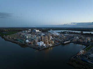 Aerial drone view of a fluoropolymers production facility in Dordrecht, The Netherlands.