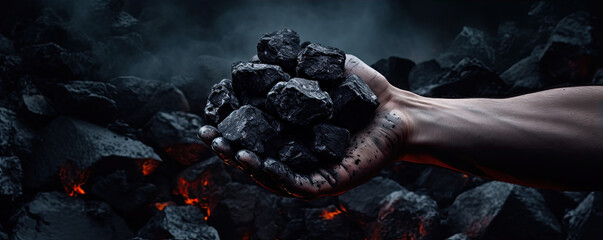 black coal in man hands, heavy industry cocept with raw heat materials. - obrazy, fototapety, plakaty