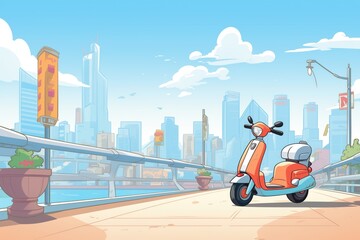 e-scooter on a bridge with cityscape behind