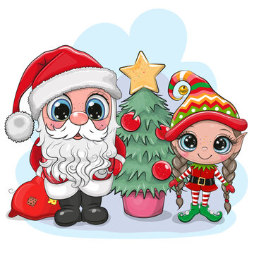 Cute Cartoon Santa and elf girl