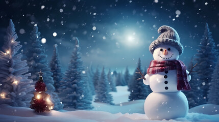 Obraz premium Merry Christmas and Happy New Year greeting card with copy-space. Happy snowman standing in Christmas landscape. Snow background. Winter fairytale - Generated by Generative AI