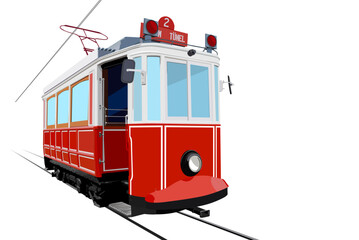 Turkish red traditional tram. Taksim square, Tunnel. Istanbul, Türkiye. EPS illustration.