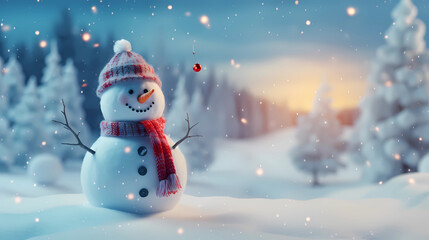 Merry Christmas and Happy New Year greeting card with copy-space. Happy snowman standing in Christmas landscape. Snow background. Winter fairytale - Generated by Generative AI