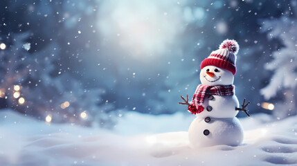 Merry Christmas and Happy New Year greeting card with copy-space. Happy snowman standing in Christmas landscape. Snow background. Winter fairytale - Generated by Generative AI