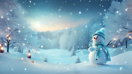Merry Christmas and Happy New Year greeting card with copy-space. Happy snowman standing in Christmas landscape. Snow background. Winter fairytale - Generated by Generative AI