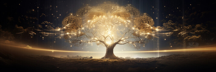 Kabbalistic Tree of Life, abstract representation, metallic textures, interstellar background, shining through the cosmic mist