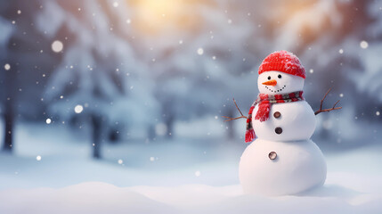 Naklejka na ściany i meble Merry Christmas and Happy New Year greeting card with copy-space. Happy snowman standing in Christmas landscape. Snow background. Winter fairytale - Generated by Generative AI