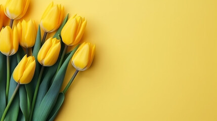 yellow tulips on a color background, top view, spring bouquet - Powered by Adobe
