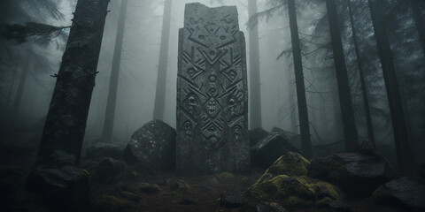 
Norse Runes, carved into stone, surrounded by abstract runic patterns, moody, misty forest background