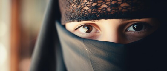 Charming Muslim teenage girl eyes in a black niqab - obrazy, fototapety, plakaty