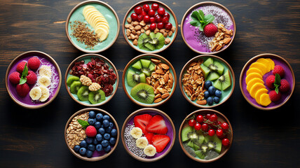 Fototapeta na wymiar Colorful Fruit Smoothie Bowls with Granola