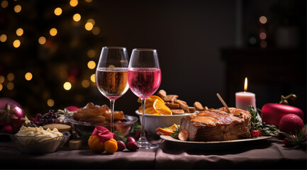 christmas dinner with beverages and snacks, a table is set with christmas food