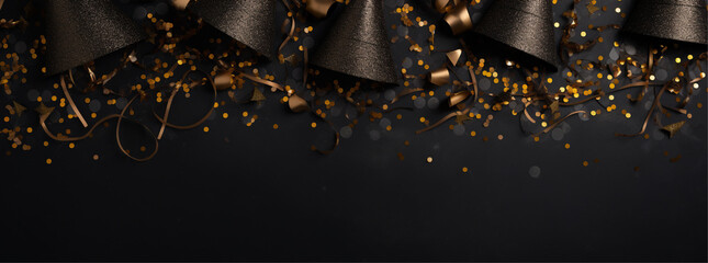 new year background with golden confetti and party hats - obrazy, fototapety, plakaty