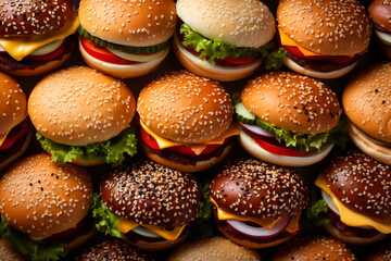 lots of tasty burgers with meat and vegetables - obrazy, fototapety, plakaty