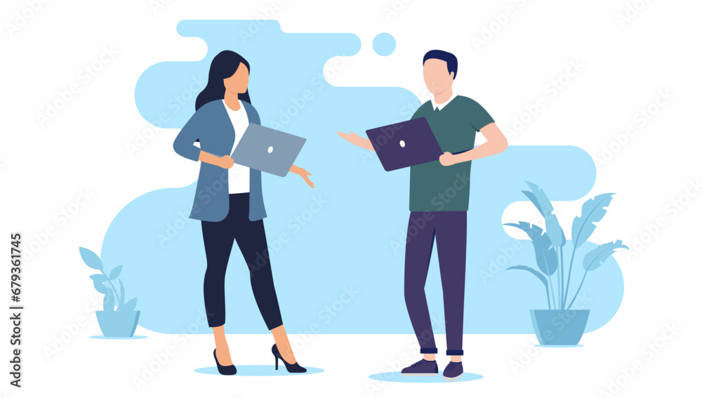 Poster man and woman talking - two people, man and woman at work standing and having conversation and dialo