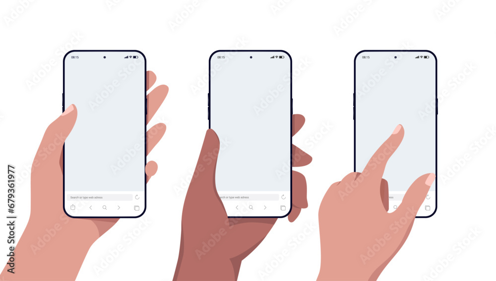 Fototapete Mobile phone in hand mockup - Vector illustration of smartphones with blank empty browser on screen in front view flat design with white background