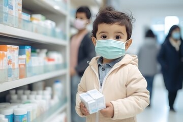 Little boy wearing medical protective mask in pharmacy. Young drug store customer is concerned about his health and safety during the pandemic. Concept of healthcare and fighting a pandemic. - obrazy, fototapety, plakaty