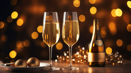 champagne glasses on table with bokeh background - obrazy, fototapety, plakaty