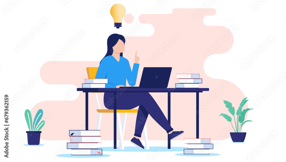 Poster student with idea - young female person sitting at desk doing schoolwork with laptop computer and bo