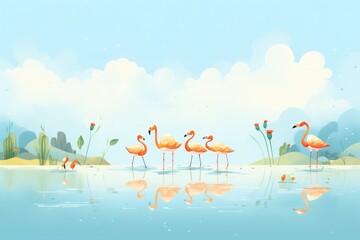 a group of flamingos standing in a shallow lake