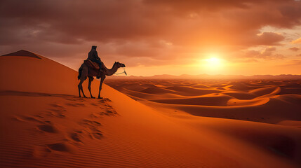 Fototapeta na wymiar A Man Riding a Camel in the Desert Looking at the Sunset