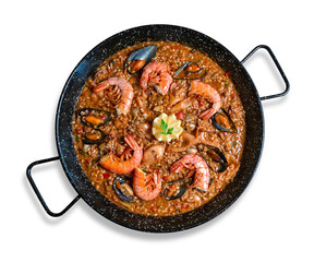 Seafood paella isolated on transparent background, top view