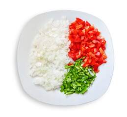 plate of uncooked cut vegetables isolated from transparent background, top view