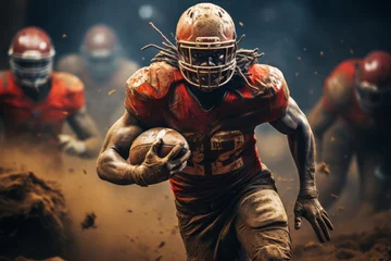 Fotobehang Close-up of professional American football player running with the ball across the stadium field. Determined, powerful, skilled African American athlete ready to win the game. Blurred background. © Georgii