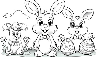 Coloring page of Easter bannies with eggs. Easter ornaments practice for kids. Black and white illustration isolated on white background. Coloring for children, spring holidays. 
