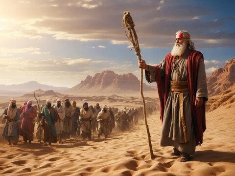 Moses leads his people through the desert.