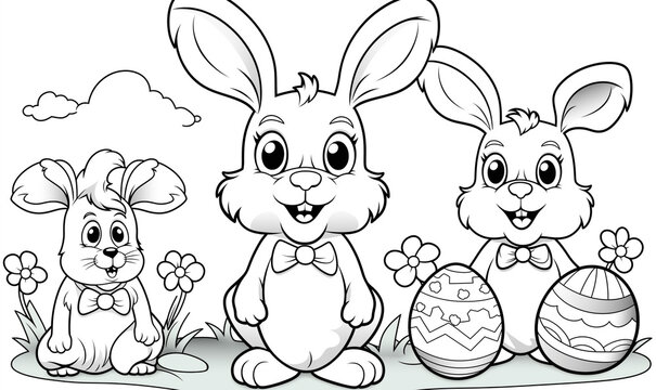 Coloring page of Easter bannies with eggs. Easter ornaments practice for kids. Black and white illustration isolated on white background. Coloring for children, spring holidays. 