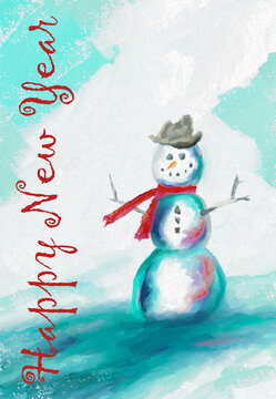 Happy New Year Message with Snowman with Texture Art, Artwork, Digital Painting, Illustration, Design