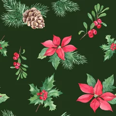  Christmas hand drawn seamless pattern with winter plants. Forest pine branches with cone, holly with red berries, red poinsettia and cowberry or lingonberry on dark green background. For fabric or © Tatiana