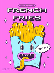 Trippy frensh fries. Trendy psychedelic poster with funny fast food character. Menu, invitation, stories template. Vector illustration.