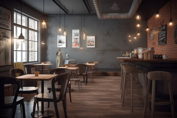 Fototapeta na wymiar Cozy interior of modern cafe with gray walls and wooden furniture. Comfortable dining place