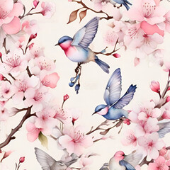 Watercolor cherry blossom pattern, generative ai