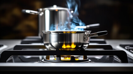 pot on gas stove, stainless pan on the hob, cooking on a gas stove, the cost of gas in Europe